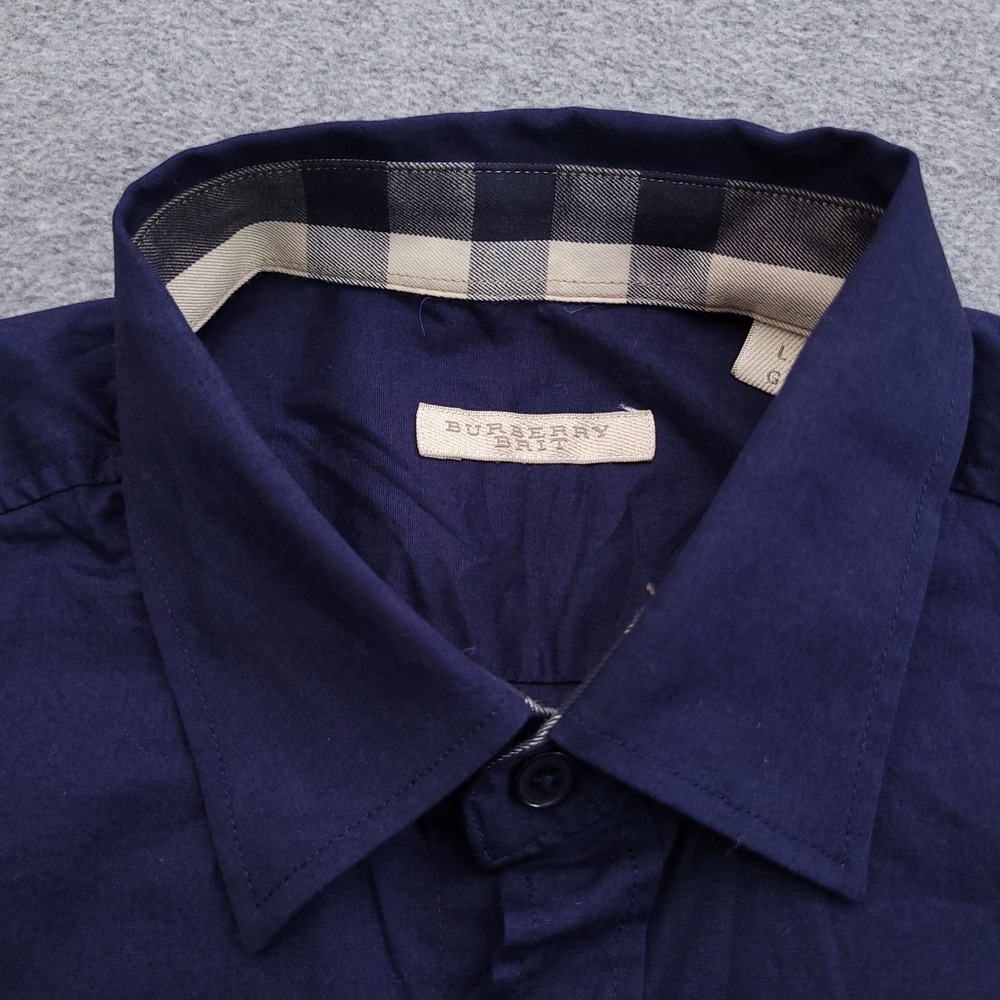 Burberry Button Up Shirt Mens Large Navy Blue Nova Check Flip Cuff Slim Fit - Picture 2 of 11